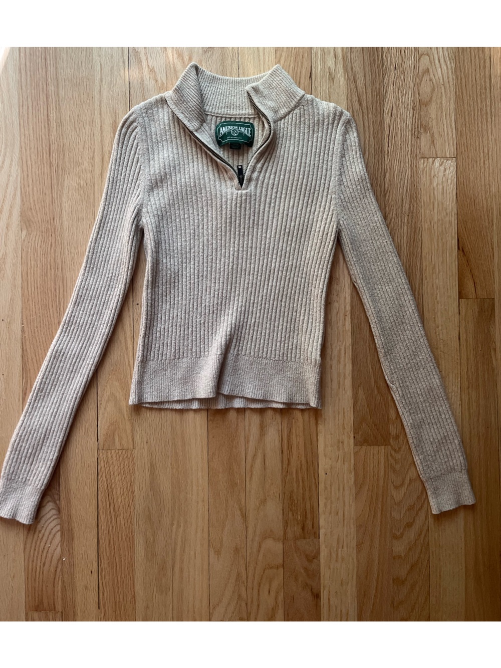American Eagle Outfitters Ribbed Half-Zip Sweater in Light Tan